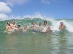 In a group trip to the beach, I used the marine pack with my DSC to take this picture in the exact moment the wave was about to cover my friends.