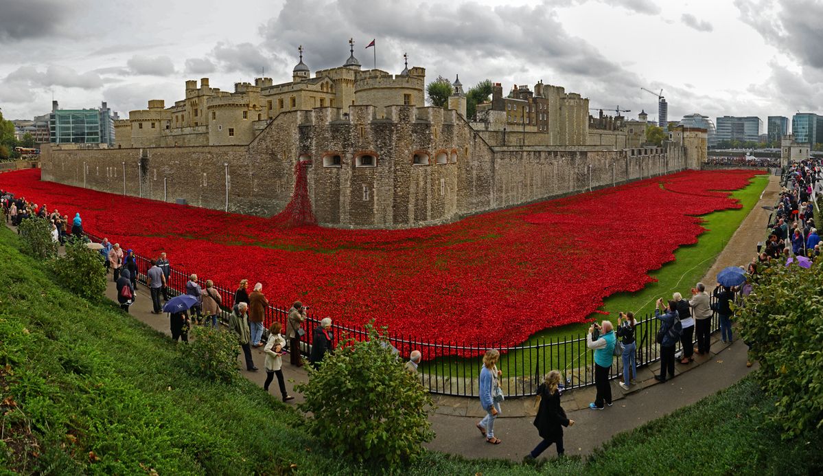 888,246 ceramic Poppies planted around the Moat, of the Tower of London, as an artistic commemoration of the First World war. Illustrating a poem by an anonymous soldier in World War 1 "The Blood Swept Lands and Seas of Red".