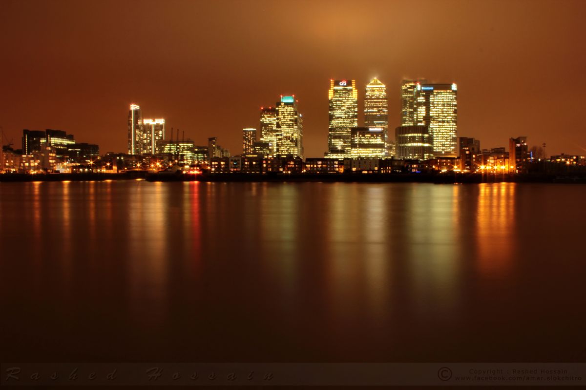 Canary Wharf night view from behind the O2 at North Greenwich